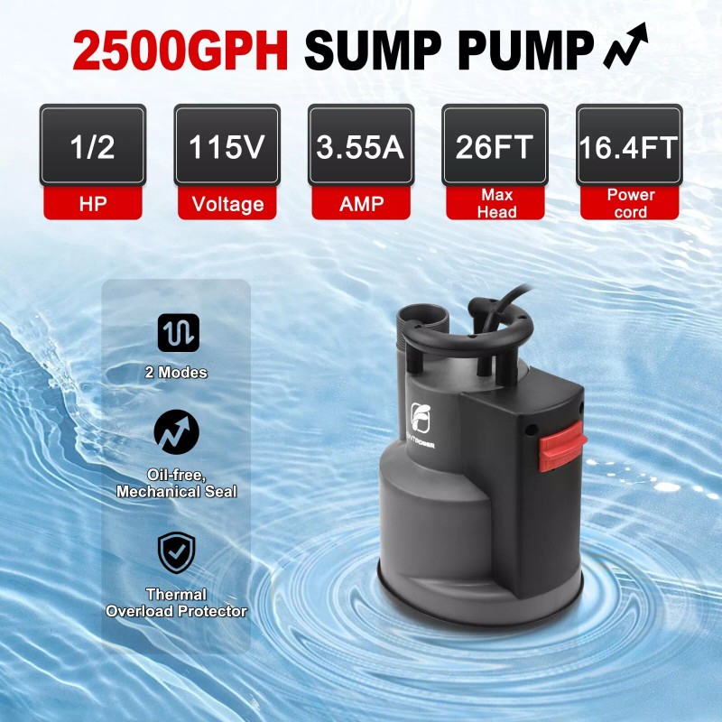 FLUENTPOWER 1/2HP Submersible Utility Pump 2500GPH Auto/Manual Modes Sump Pump