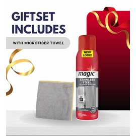 Magic Stainless Steel Cleaner & Polish Spray 17 oz Bundle with Microfiber Cloth - Foaming Formula for Easy Cleaning of Appliances, Sinks, and Chrome Surfaces - (2 Items)