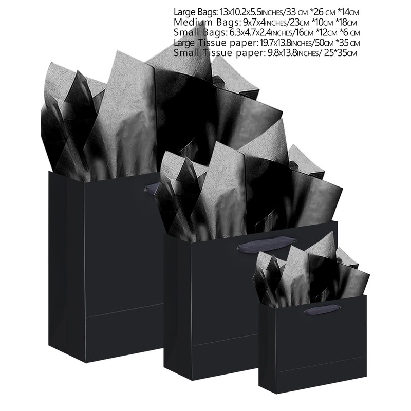 qiqee Black Gift Bags with Tissue Paper Mulit Assorted Sizes