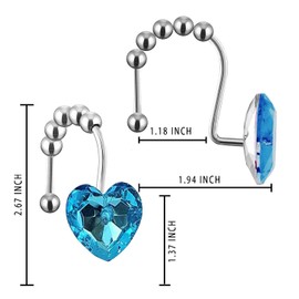 Diamond Shower Curtain Hooks, 12-Pack Heart Shaped Crystal Shower Rings, Decorative Bathroom Hangers for Valentine's Day, Bling Blue Fancy