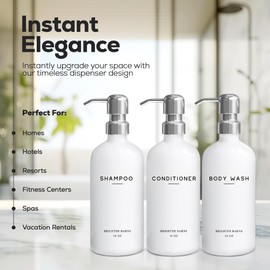 White Shampoo and Conditioner Dispenser Set by Brighter Barns - Shower Dispenser for Bathroom - Refillable Plastic Shampoo Bottle & Stainless Steel Pump - Shampoo Dispenser for Vacation Rental (White)