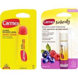 Carmex, Duopack Bálsamo Labial Classic Tubo + Naturally Frutos Rojos, para Labios secos y Agrietados, Protege y Suavisa, con ingredientes Naturales, 2 pz