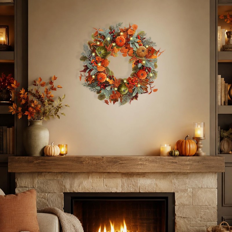 20 Inch Pre-Lit Pumpkin Fall Wreath for Front Door, 30