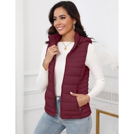 SLOW DOWN Womens Lightweight Puffer Vest, Womens Winter Packable Vest, Womens Puffy Vest with Removable Hood and Zip Pockets (Wine,S)
