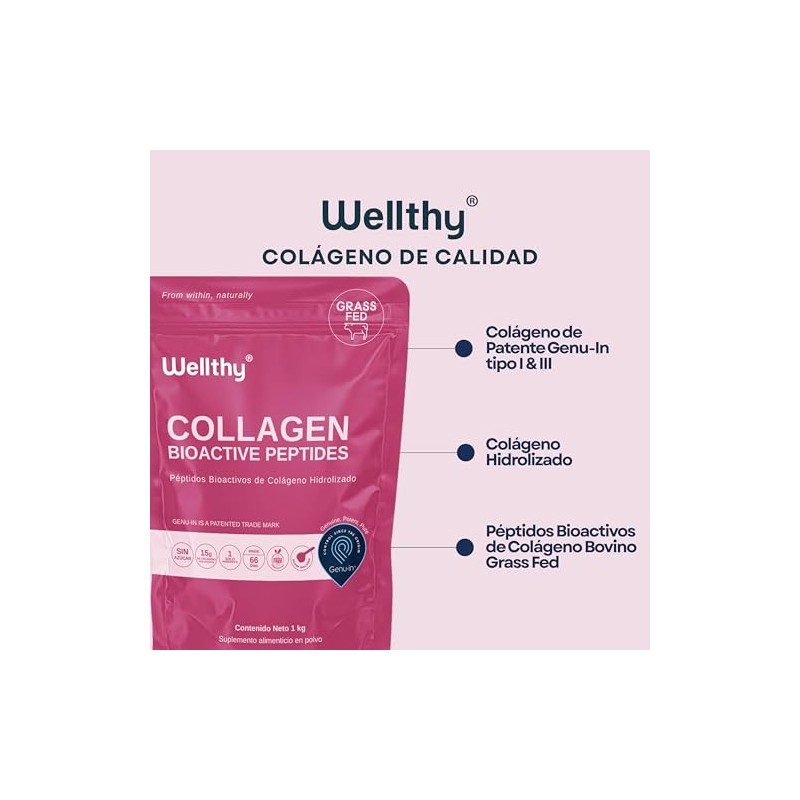Wellthy Colageno Hidrolizado Puro 1kg Péptidos Colágeno Bioactivos Genu Porciones
