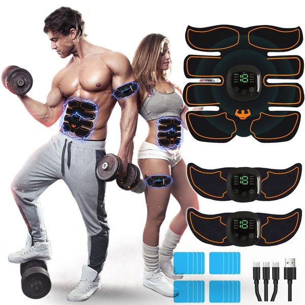 AILEDA EMS Abdominal Muscle Trainer EMS Training Device EMS Abdominal Trainer 8 Modes & 19 Intensities, Wireless Portable Abdominal Belt Muscle Building ABS/Abdomen/Arm/Leg, 16 Replacement Gel Pads
