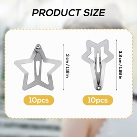 Pack of 20 Star-Shaped Snap Hair Clips, 3 cm & 3.2 cm, Y2K Hair Clips, Star Hair Clips, Metal Hair Clips for Women and Girls, Hair Styling (Silver)