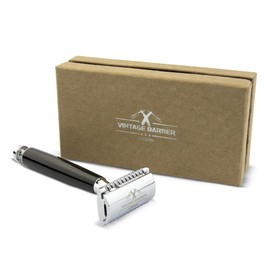 Classic Double Edge Safety Razor | Chrome and Black Handle | Traditional Wet Shaving Elegant Style | Eco-friendly | VINTAGE BARBER LONDON
