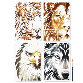MAYJOYDIY 4Pcs A4 Animal Theme Eye Stencils Tiger Lion Wolf Eagle Templates for Painting 11.7×8.3inch with Paint Brush Reusable Animal Stencils for Craft on Window Wood Wall Home Decor