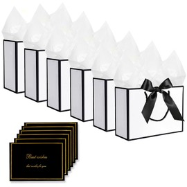 6Pcs Gift Bags, Black and White Gift Bags Medium with 6 Bow Ribbons,6 Tissue Papers, and 6 Cards. Party Bags with Handles, Present Bag for Weddings, Birthdays, Parties, Christmas and Valentine's Day