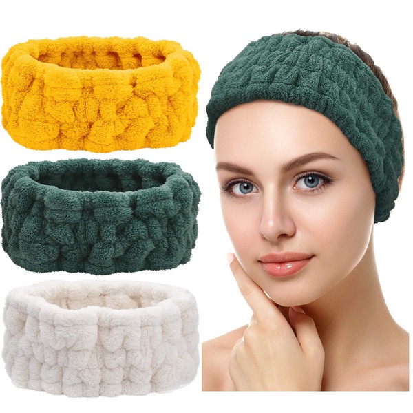 3 Pieces Spa Face Headband for Make-Up and Washing Face Women Spa Yoga Sports Shower Face Headband Elastic Head Wrap for Girls and Women (Milky White, Yellow, Dark Green)