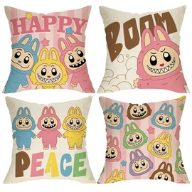 Pycat Cute Decorative Throw Pillow Covers 18 x 18 Set of 4, Macaron Monster Happy Peace Boom Porch Outdoor Home Decor, Stars Stripes Sofa Couch Cushion Case