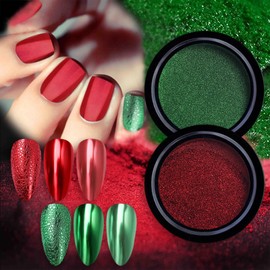 BASEMMAHER 2 Colors Red Green Chrome Nail Powder Metallic Mirror Effect for Nails Art Design Holographic Glitter Pigment Dust for DIY Manicure Decorations