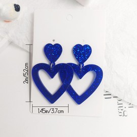 Glitter Heart Earrings Acrylic Double Heart Dangle Earrings for Women Mother Valentines Jewelry for Girlfriend Wife Sister (Blue)
