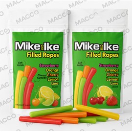 Mike and Ike Filled Ropes Candy – Assorted Fruity Flavors – Strawberry, Orange, Cherry, Lemon, and Lime – Soft & Chewy Candy – 2 Pack