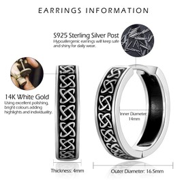 VYYU Silver Earrings for Men - S925 Sterling Silver Earrings for Women, Mens Black Cool Hoop Earrings | Silver Huggie Earrings Jewellery Gifts Earrings for Men Christmas Birthday Gifts, 14mm