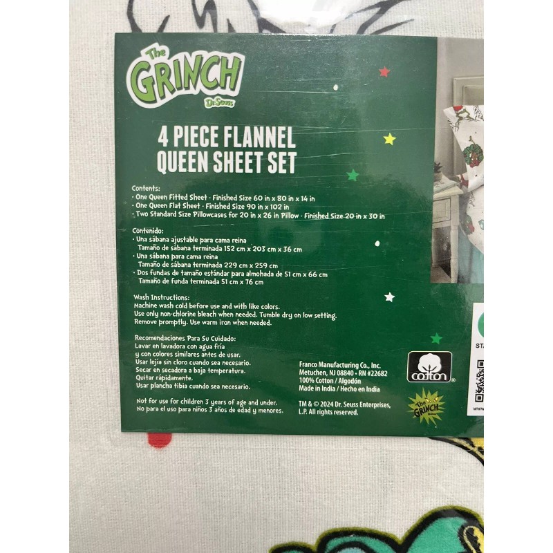 The GRINCH Max Dr. Seuss QUEEN Size 4 Pc Cotton