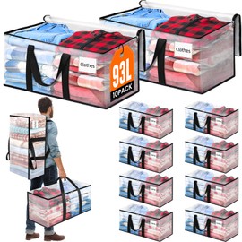 BlissTotes 10-Pack Large Moving Bags with Backpack Straps & Strong Zippers, Heavy-Duty Storage Bags Moving Boxes for Space Saving, Dorms, Transport, 93L-25 Gallons, Clear