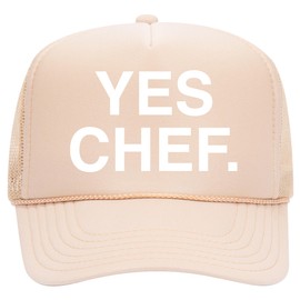 Yes Chef Trucker Hat | Food Influencer Bear Meme Funny Drinks Cowboy Vintage | Premium Mesh Foam Snapback Hat for Men & Women (US, Alpha, One Size, Tan)