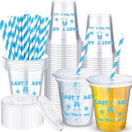 Honeydak 50 Pcs 12oz Last Toast on The Coast Cups Bachelorette Party Plastic Cups with Lid Straw Beach Bachelorette Favors Disposable Drink Juice Supplies for Bridal Shower Wedding Decoration