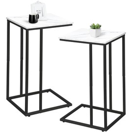 C Shaped Side Table Set of 2, Marble End Table for Sofa and Bed, Couch Table That Slide Under, Snack Side Table for Living Room, Bedroom or Small Spaces, White and Black