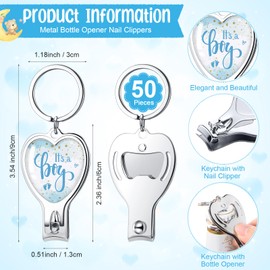 Pickmesh 50 Set Baby Shower Favors for Guests 50 Heart Baby Bottle Opener Nail Clipper Keychain 50 Thank You Tags 50 Organza Bag with Twine for Gender Reveal(Boy)