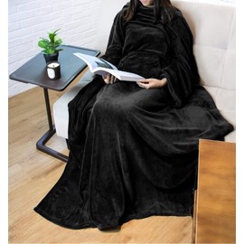 PAVILIA Premium Fleece Blanket with Sleeves for Women, Men, Adult | Warm, Cozy, Extra Soft, Microplush, Functional, Lightweight Wearable Throw (Black, Kangaroo Pocket)