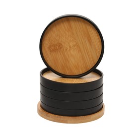 Senstap Wooden Coasters for Drinks Coffee Table, Drink Coasters with Holder, Set of 5 Cup Mat for Tabletop Protection, Cup Coaster with Lip 4-inch Round, Black