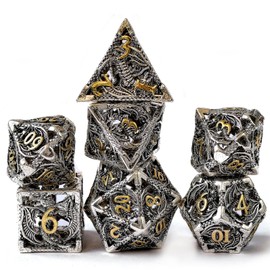 BESCON DICE Hollow Out Metal Dice with 3D Dragons, Hollow Metal Dungeons and Dragons Dice Set for Pathfinder RPG Shadow Run Chrome + Gold Lettering