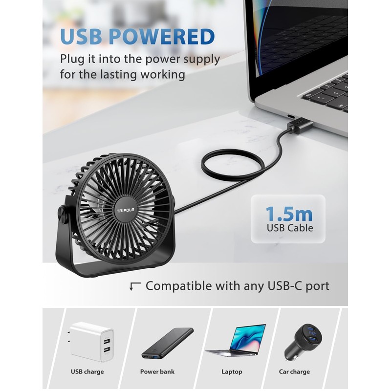 TriPole USB Desk Fan 4.5 Inches Portable Mini Fan Powerful
