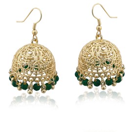Moonstruck Traditional Indian Golden Jhumka Earrings for Women/Golden Ethnic Jhumki Earrings With Emerald Green Beads (Green)