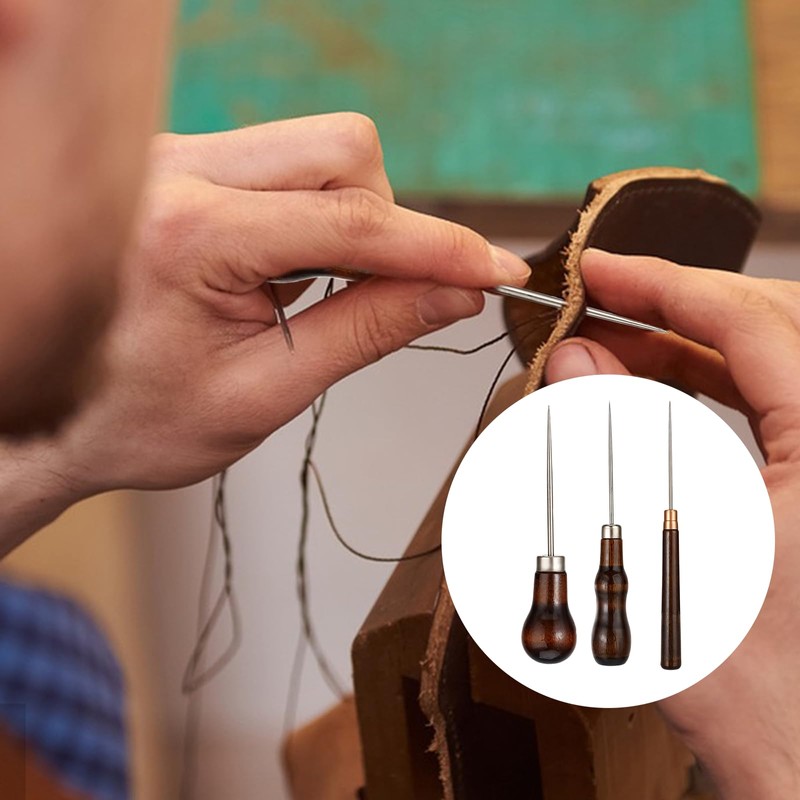 Pack of 3 Awl with Wooden Handle Puncher Leather Tool