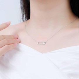 KOFISNI Safety Pin Necklace for Women 14K Gold Plated Crystal Heart Pendant Necklace Dainty Safety Pin Cubic Zirconia Pendant Necklace Pink Gemstone Necklace Fashion Jewelry (Silver)