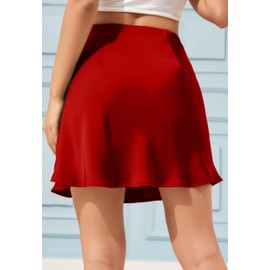 Mist Azur Women's Elegant Silky Satin Mini Skirt High Waist Ruffle Bias Cut Short Skirt Leopard Print Mini A Line Skirts for Women 7805 (Tomato，XL