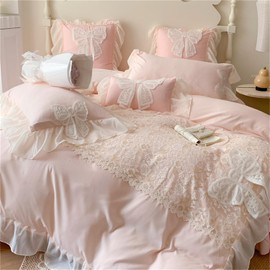 Ruffled Bedding Bow Duvet Cover -Twin Size Pink Chic Lace Bedding Set with Cute Bowtie-2 Pieces Soft Comforter Cover Set with Zipper Closure-Romantic French Princess Style-No Comforter-Pink,Twin Size