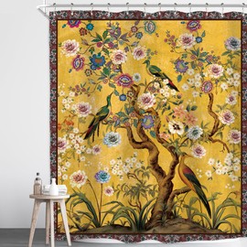 Homewelle Vintage Boho Mandala Floral Tree of Life Spring Shower Curtain Retro Flower Blossom Birds Plant Botanical Yellow Indian 60Wx72H Inch Nature Waterproof Polyester Fabric Bathroom Bathtub