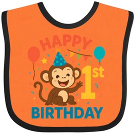 inktastic Happy 1st Birthday Monkey Party Theme Baby Bib Orange and Black 46b32