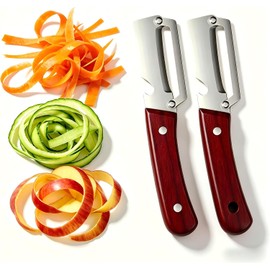 2 Pack Pelador de Verduras 2 en 1, Pelador de Papas con Abrebotellas, Rallador de Verduras Manual de Acero Inoxidable con Mango de Madera, Pelapapas para Calabaza, Zanahoria, Frutas y Verduras