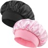 Satin Sleep Cap, 2 Pieces Adjustable Silky Sleep Bonnet, Double-Sided Waterproof Satin Hair Cap, Silk Bonnet Hair Wrap for Sleeping, for Women Long Curly Hair, Black, Pink