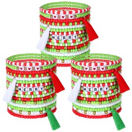 Huquary 48 Pcs Christmas Bracelets Stackable Christmas Beaded Bracelets Cute Stretch Bracelets Xmas Jewelry Gifts for Women Teen Girls Party Holidays