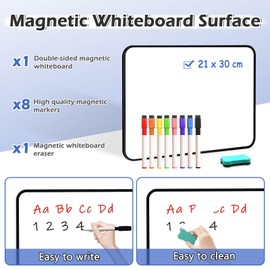 Dry Erase Whiteboard A4, Small Double Sided Magnetic Whiteboard, 21X30cm Dry Erase Mini Whiteboard with Black Border, 8 Water Based Pens and 1 Board Eraser for Schools, Homes, Offices, Classrooms,