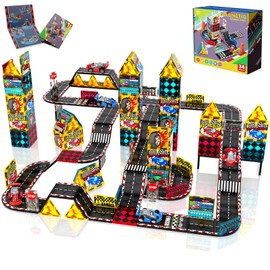 Magnetic Tiles Road Set - Magna Tiles Race Track with 2 Car, Magnetic Car Racing Magnatiles for Kids Ages 3 4 5 6 7 8, Magnet Building Blocks STEM Toy Birthday Gifts for 3＋ Years Old Boys Girls