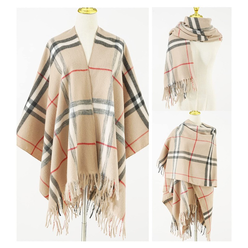 Danfiki Women's Cashmere Feeling Knitted Poncho Cape Cardigan, Double grid