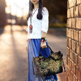 Abuyall Embroidery Handbag Ethnic Sequin Peacock Shoulder Bag Floral Handmade Canvas Tote Black M