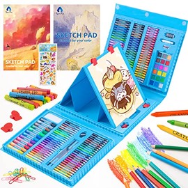 Art Supplies, 240-Piece Drawing Art kit, Gifts Art Set Case with Double Sided Trifold Easel, Includes Oil Pastels, Crayons, Colored Pencils, Watercolor Cakes, Sketch Pad (Blue)