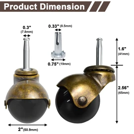 MySit 2 inch Ball Caster Wheels Brass Vintage Antique Casters Heavy Duty Set of 8 Grip Neck with 5/16" x 1-1/2" for Furniture Legs, Cabinet