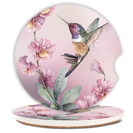 Ceramic Cup Holders Car Coasters for Women/Men,Absorbent Drink Cup Car Holder Coasters with A Finger Notch 2.56" Pack of 2,Beautiful Hummingbird Drawing