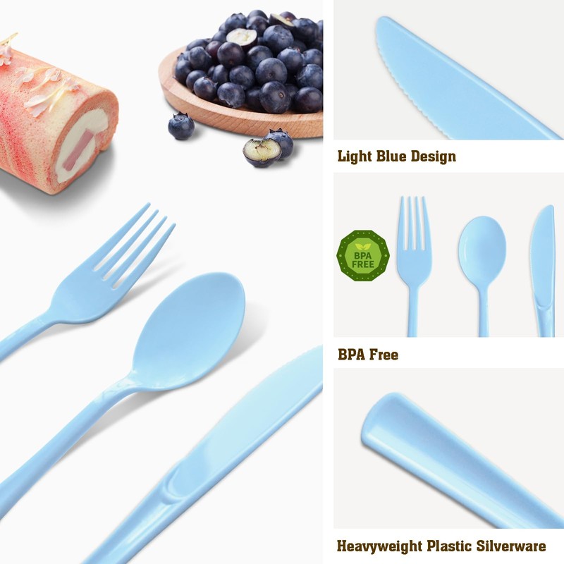 joy akkess 150 Pack Blue Plastic Silverware, Light Blue Plastic