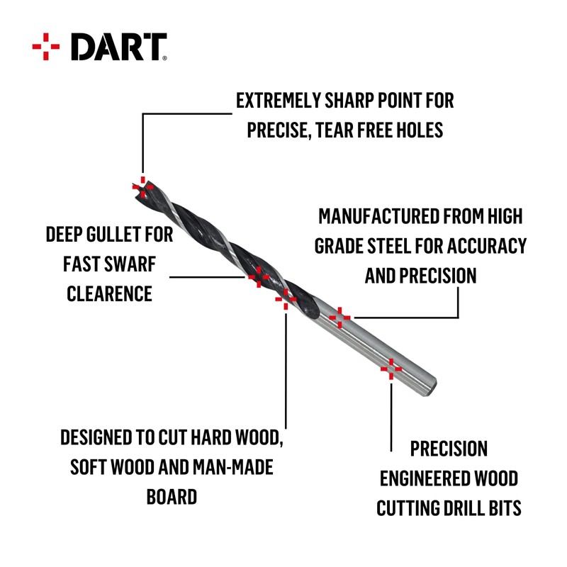 DART 8 Piece Brad Point Wood Drill Bit Set -