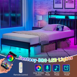 CLIBFENG Twin Bed Frame with Headboard,Classic Metal Platform Bed Frame-LED Bed Frame with USB Charging Station,Mattress Foundatione-Under Bed Storage,No Box Spring Needed,Noise Free